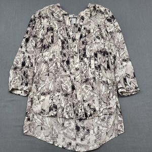 H&M Blouse Womens Size 8 3/4 Sleeve Tunic Button Up V Neck Floral Leaves Gray